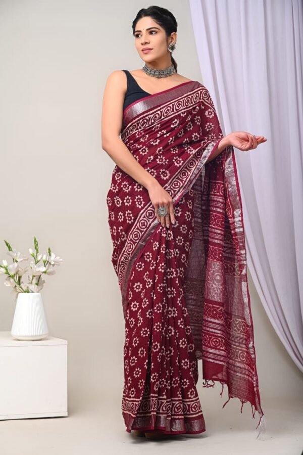 Maroon Linen Cotton Saree Floral Medallion – Bagru Hand Block Print