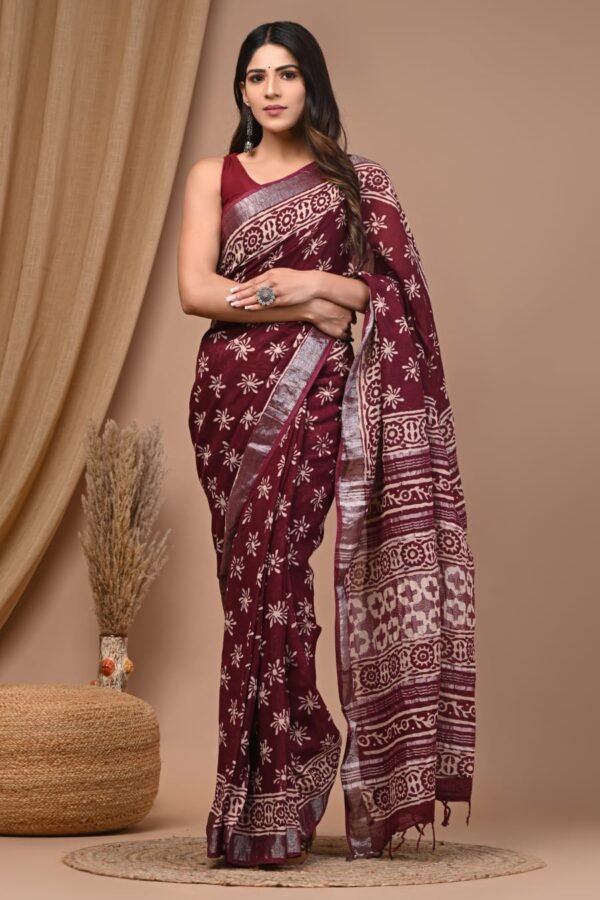 Maroon Linen Cotton Saree Sunburst Star – Bagru Hand Block Print