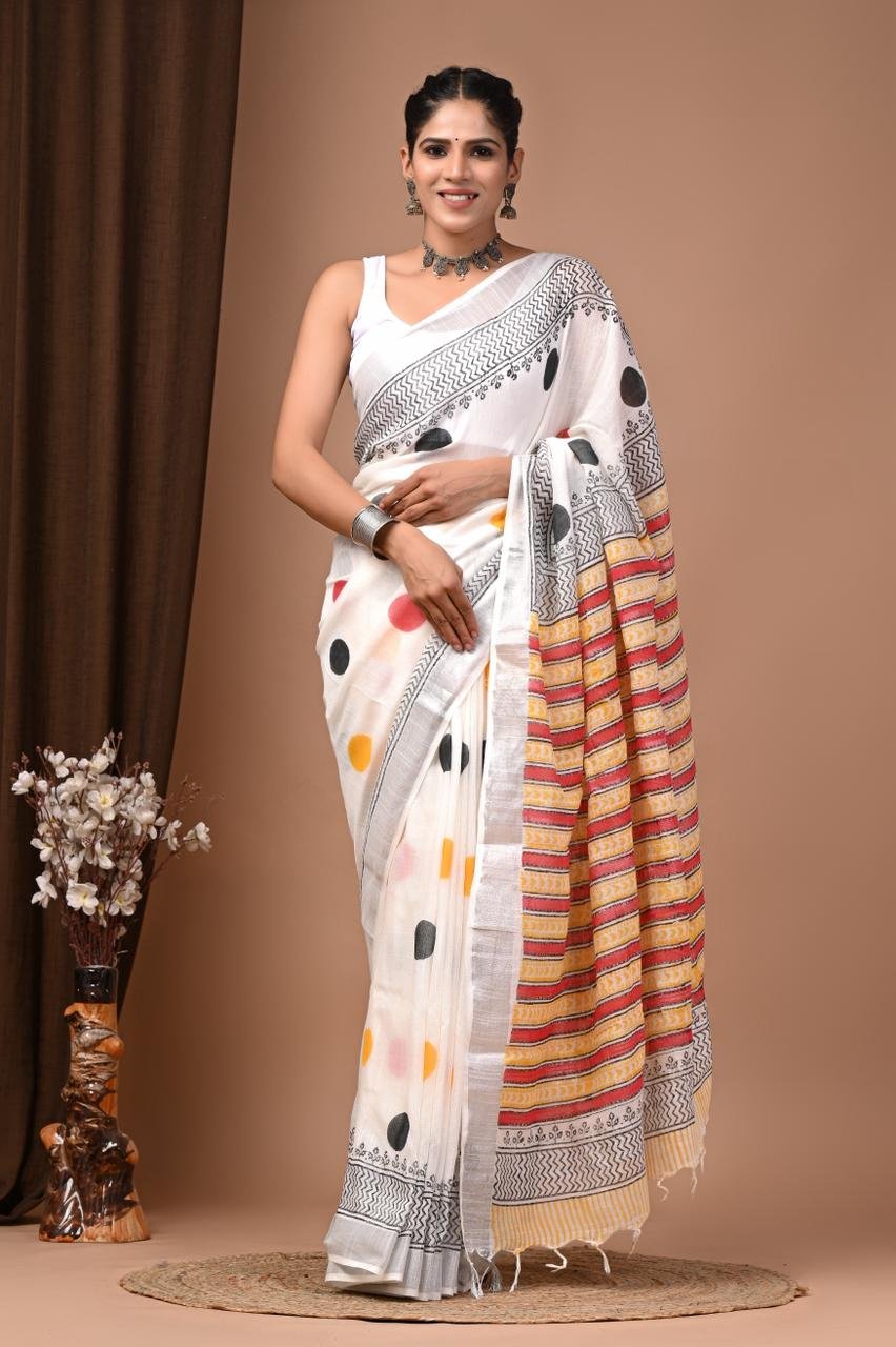 Off White Linen Cotton Saree Polka Dot – Hand Block Print