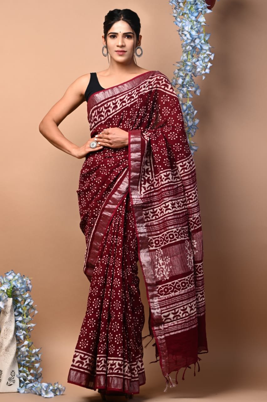 Off White Linen Cotton Saree Paisley Zigzag Border – Bagru Hand Block Print