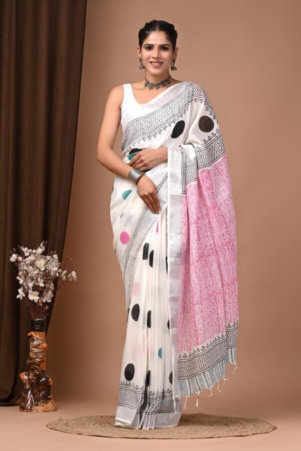 Off White Linen Cotton Saree Floral Sprig – Hand Block Print
