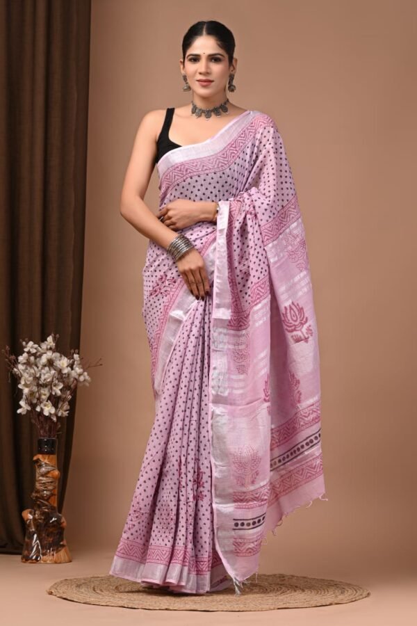 Light Pink Linen Cotton Saree Floral Tree Border – Bagru Print