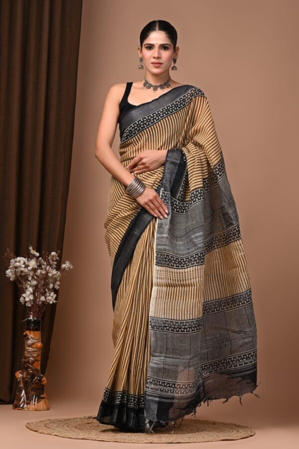 Beige Linen Cotton Saree Floral Border – Bagru Hand Block Print