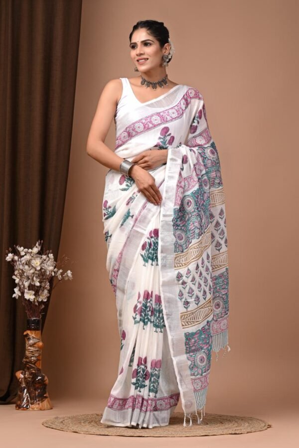 White Linen Cotton Saree Paisley Border – Hand Block Print