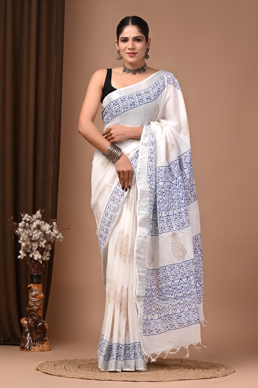White Linen Cotton Saree Golden Floral Medallion – Bagru Made