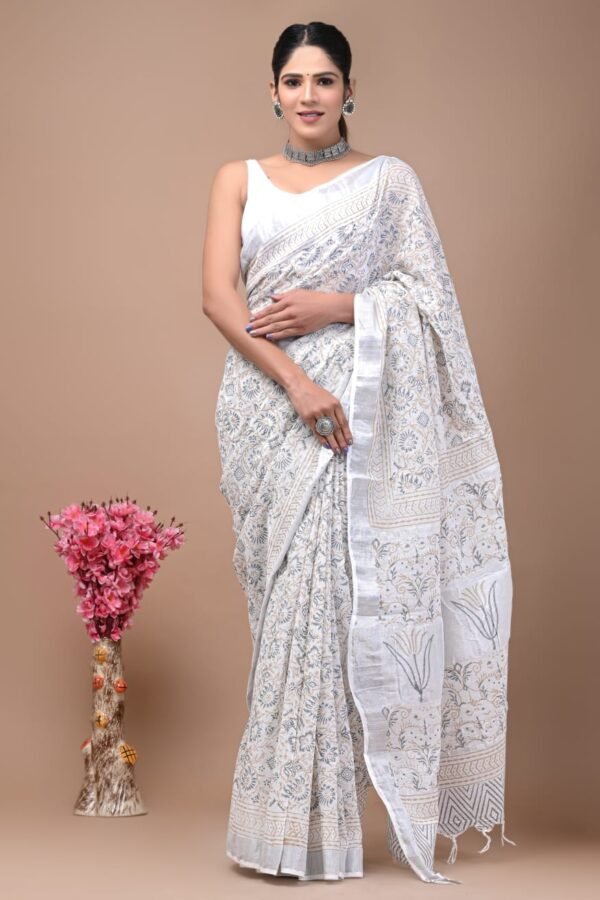 Off White Linen Cotton Saree Abstract Geometric Splash – Ajrakh Print