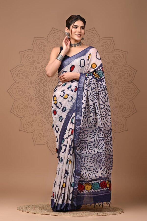 Off White Linen Cotton Saree Floral Vine – Hand Block Print