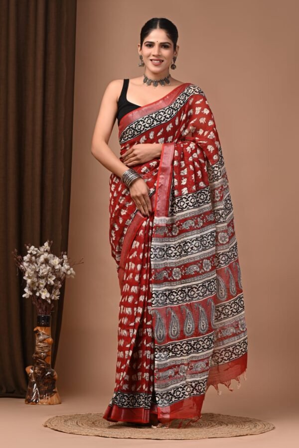 Rust Red Linen Cotton Saree Elephant Paisley Border – Bagru Hand Block Print