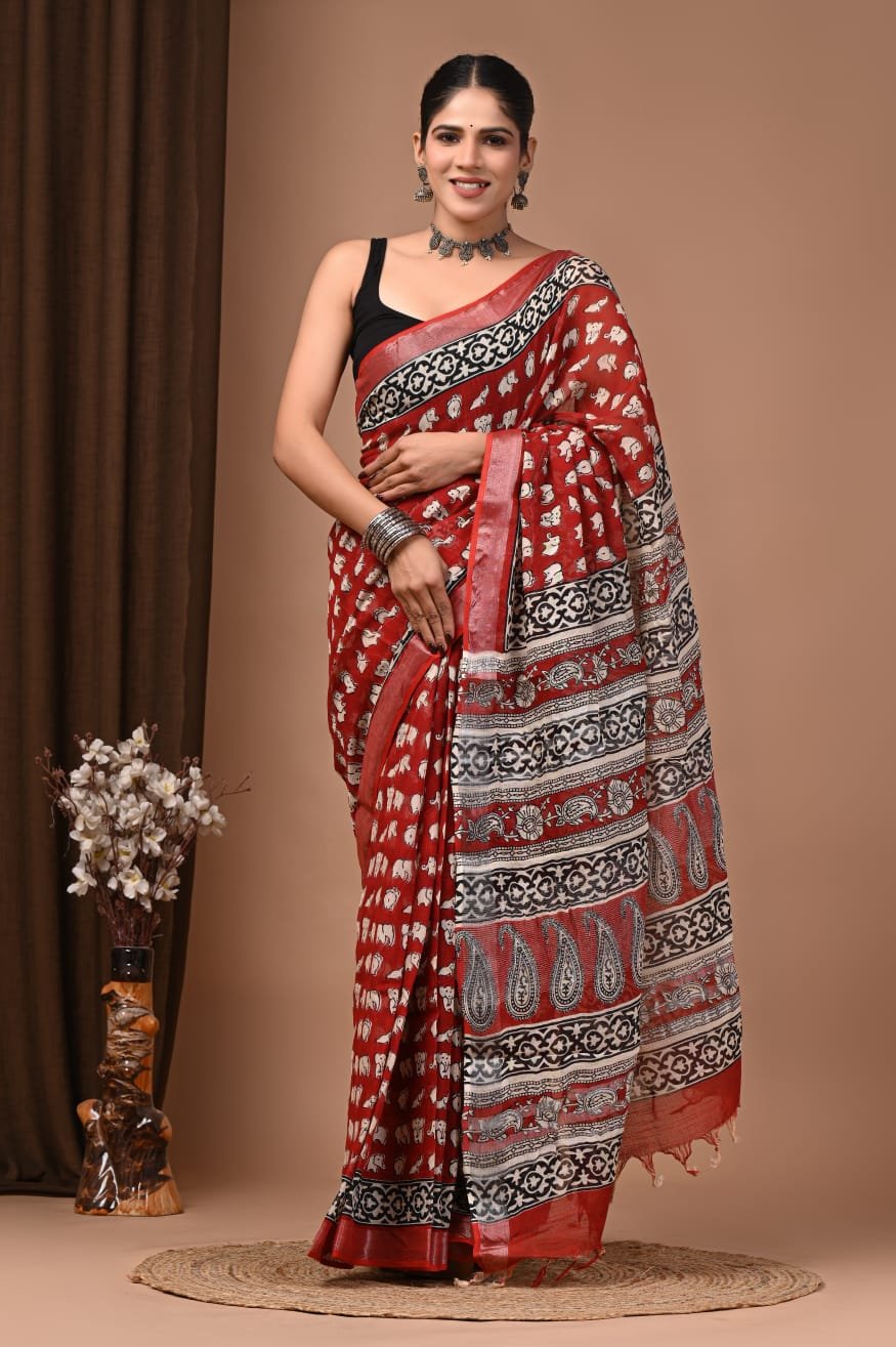 Rust Red Linen Cotton Saree Elephant Paisley Border – Bagru Hand Block Print