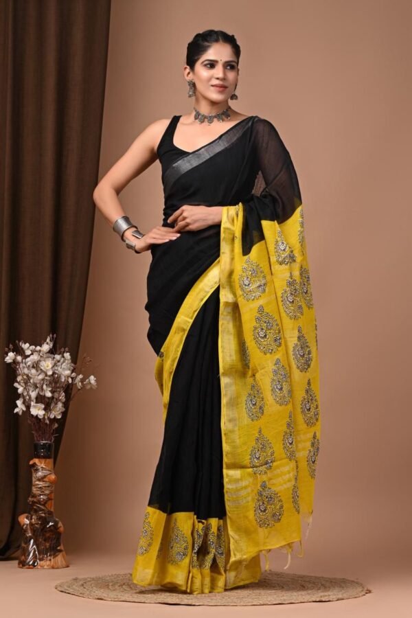 Black Linen Cotton Saree Floral Paisley Border – Bagru Hand Block Print