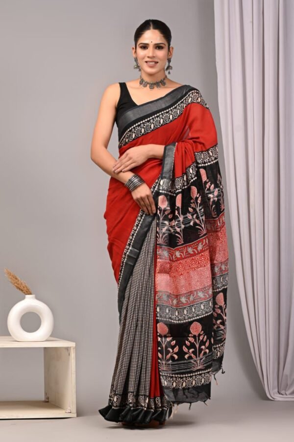 Red Linen Cotton Saree Floral Paisley Check Border – Hand Block Print