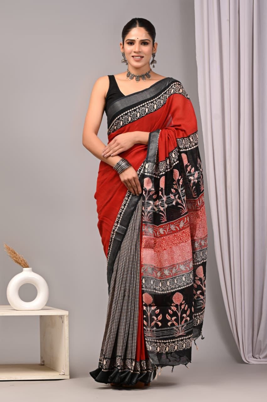 Red Linen Cotton Saree Floral Paisley Check Border – Hand Block Print