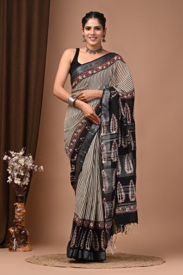 Off White Linen Cotton Saree Feather Leaf – Hand Block Print
