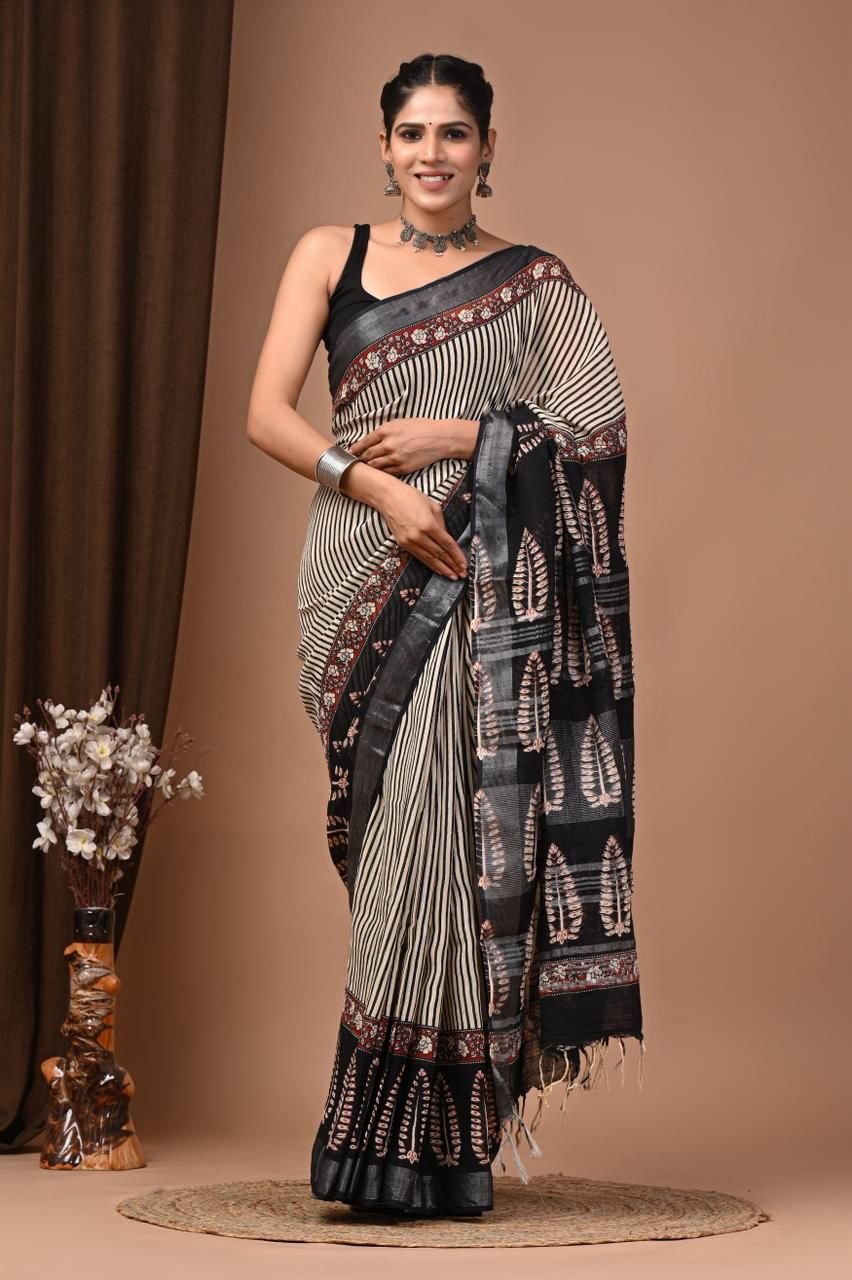 Off White Linen Cotton Saree Feather Leaf – Hand Block Print