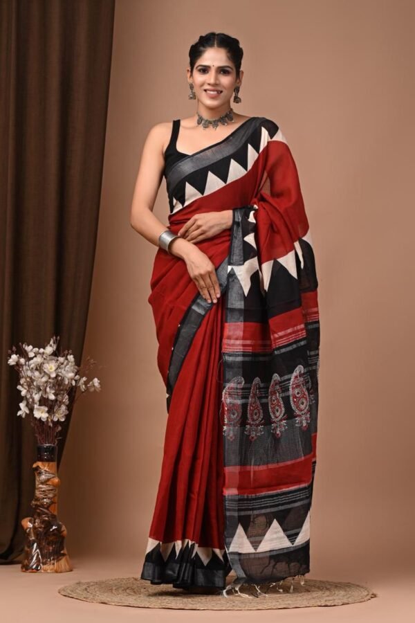 Maroon Linen Cotton Saree Triangle Paisley Border – Hand Block Print
