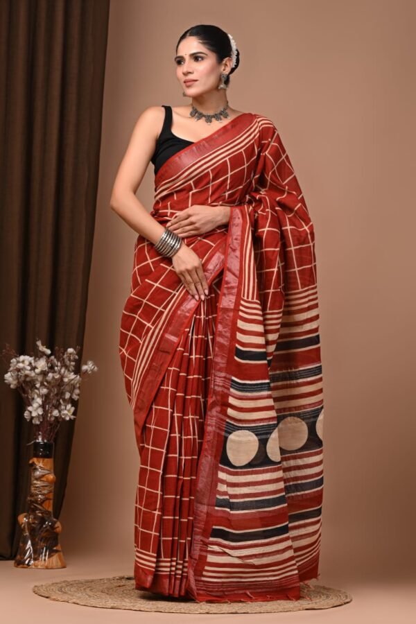 Rust Red Linen Cotton Saree Grid Check – Shibori Print