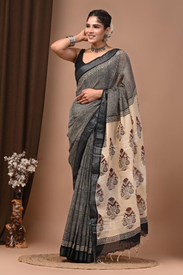 Black Linen Cotton Saree Grid Check Floral Border – Hand Block Print