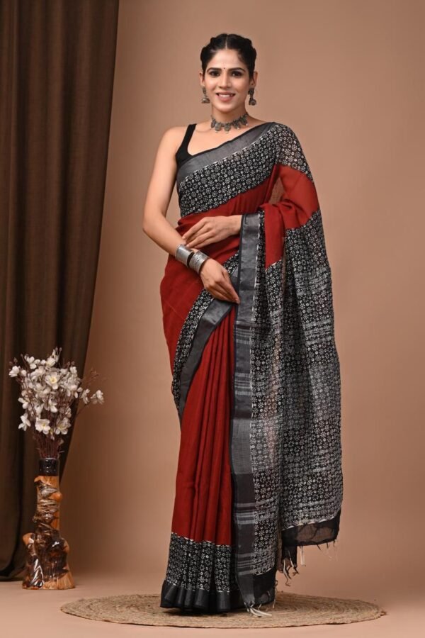 Maroon Linen Cotton Saree Floral Scatter Border – Hand Block Print
