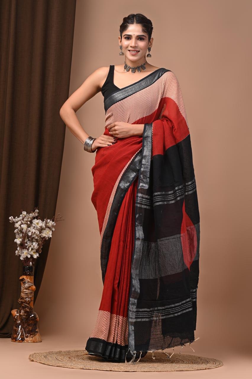 Red Linen Cotton Saree Pinstripe Colour Block – Hand Block Print