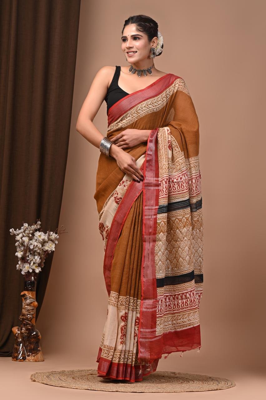 Mustard Brown Linen Cotton Saree Floral Leaf Border – Bagru Hand Block Print