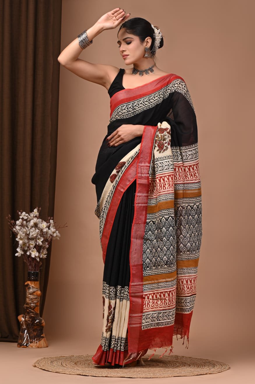 Black Linen Cotton Saree Leaf Chevron Border – Bagru Hand Block Print