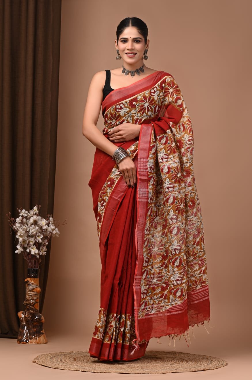 Red Linen Cotton Saree Floral Butterfly – Kalamkari Print