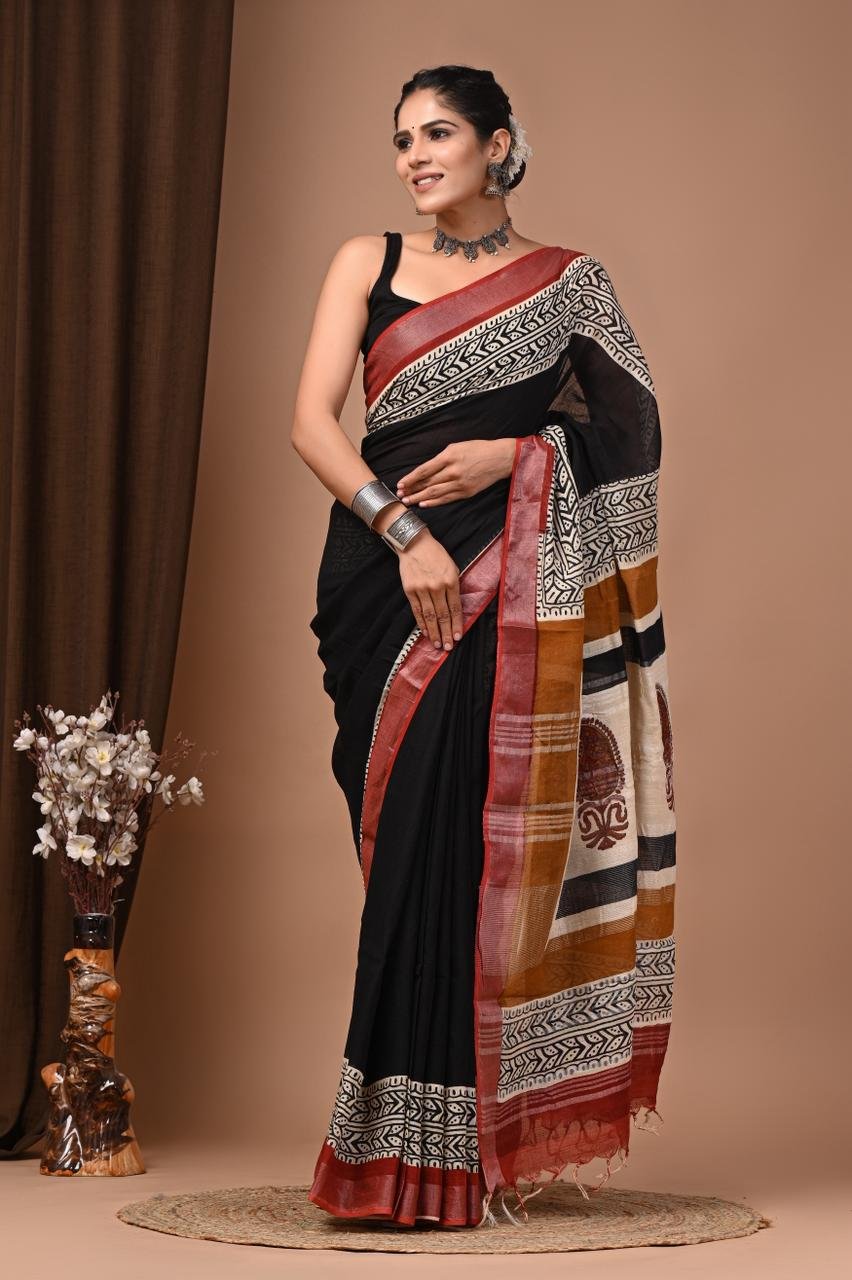 Black Linen Cotton Saree Floral Medallion Border – Bagru Hand Block Print