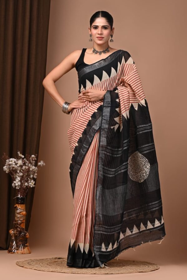 Black Linen Cotton Saree Temple Border – Hand Block Print