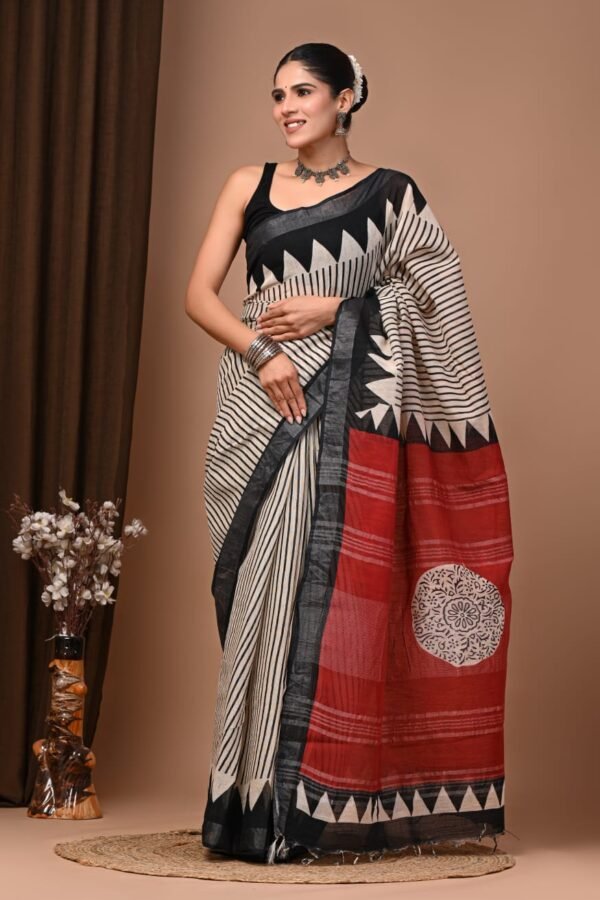 Off White Linen Cotton Saree Temple Border Medallion – Hand Block Print
