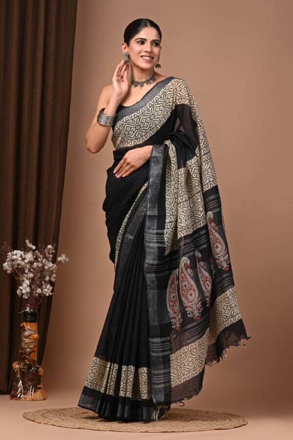 Black Linen Cotton Saree Paisley – Ajrakh Print