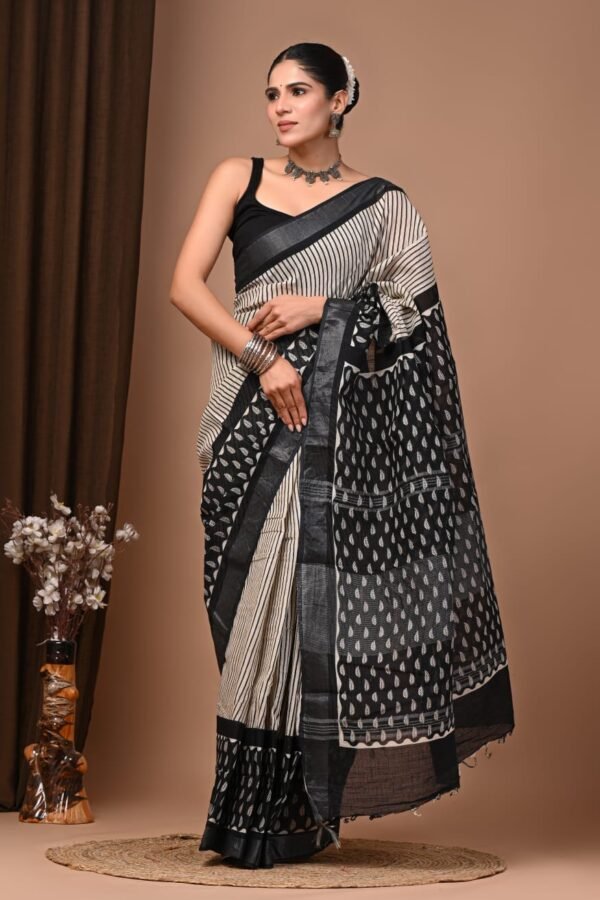 Off White Linen Cotton Saree Leaf Booti – Hand Block Print