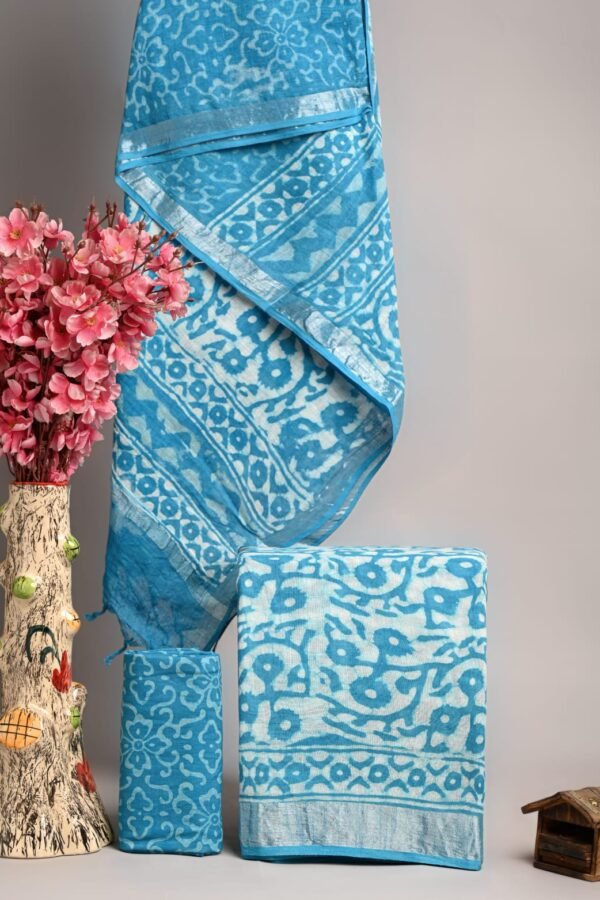 Teal Blue Linen Cotton Suit Floral Medallion – Dabu Print