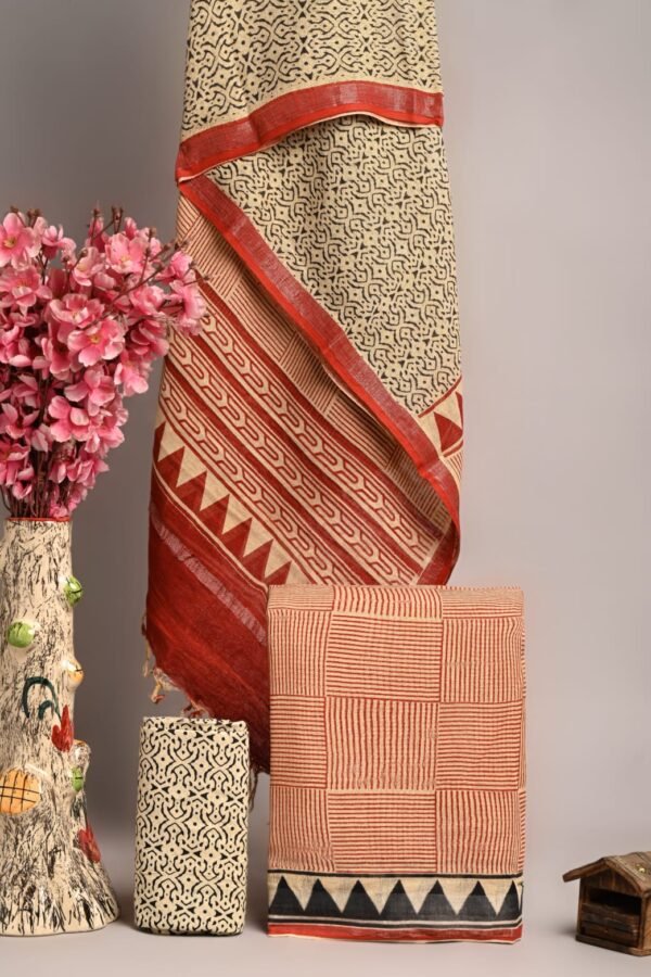 Off White Linen Cotton Suit Geometric Mosaic Red Border – Hand Block Print