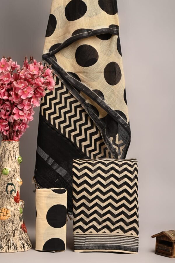 Off White Linen Cotton Suit Polka Dot Chevron โ Hand Block Print