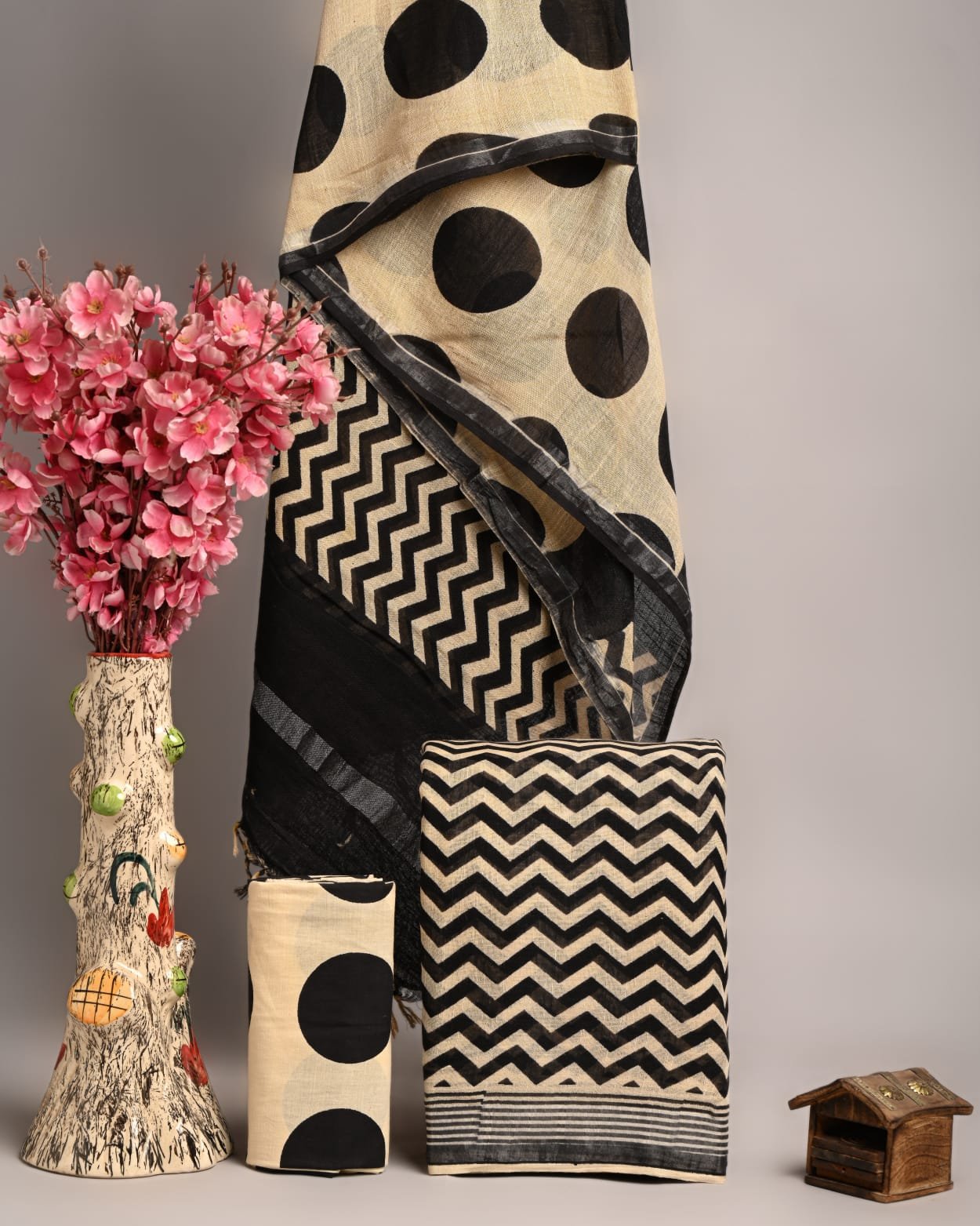 Off White Linen Cotton Suit Polka Dot Chevron โ Hand Block Print