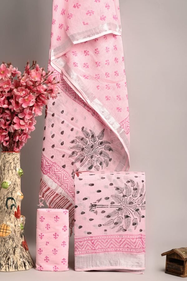 Pink Linen Cotton Suit Palm Leaf Medallion โ Hand Block Print