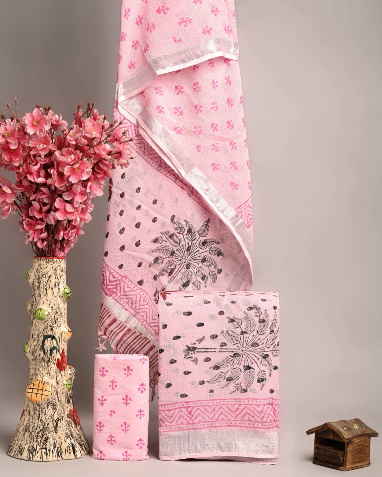 Pink Linen Cotton Suit Palm Leaf Medallion โ Hand Block Print