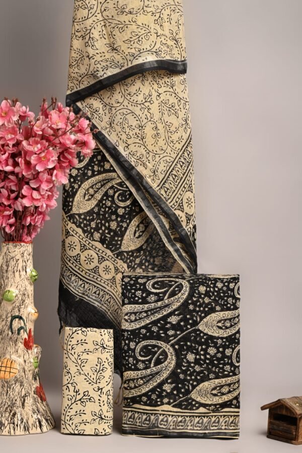 Off White Linen Cotton Suit Floral Vine Paisley Swirl โ Hand Block Print