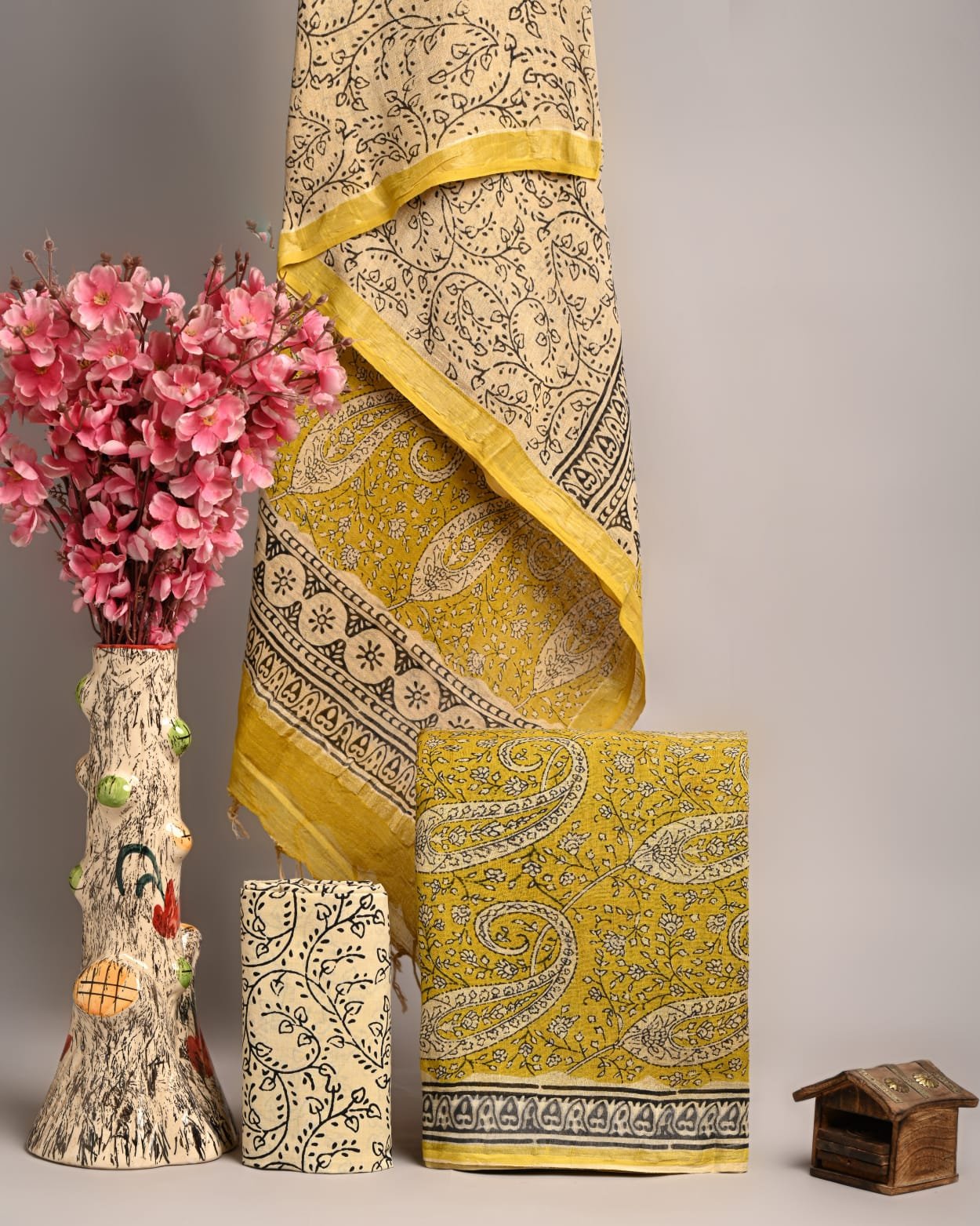 Off White Linen Cotton Suit Floral Vine Paisley Border โ Hand Block Print