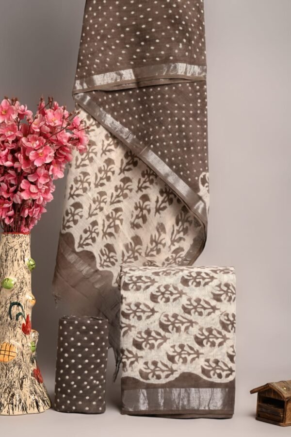Grey Brown Linen Cotton Suit Polka Dot Floral Border – Hand Block Print