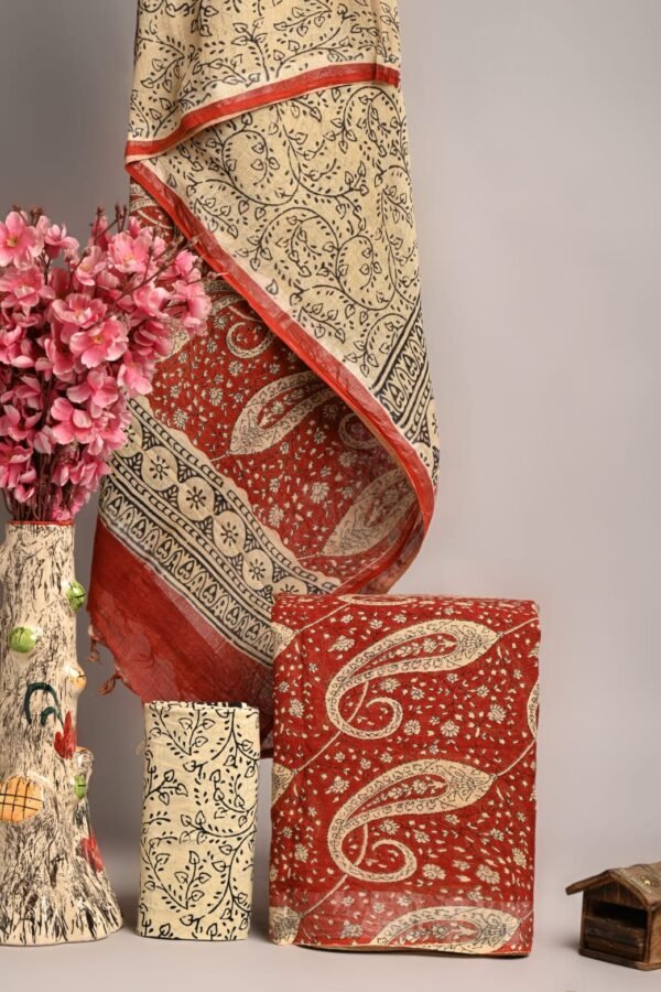 Off White Linen Cotton Suit Floral Vine Red Border – Hand Block Print