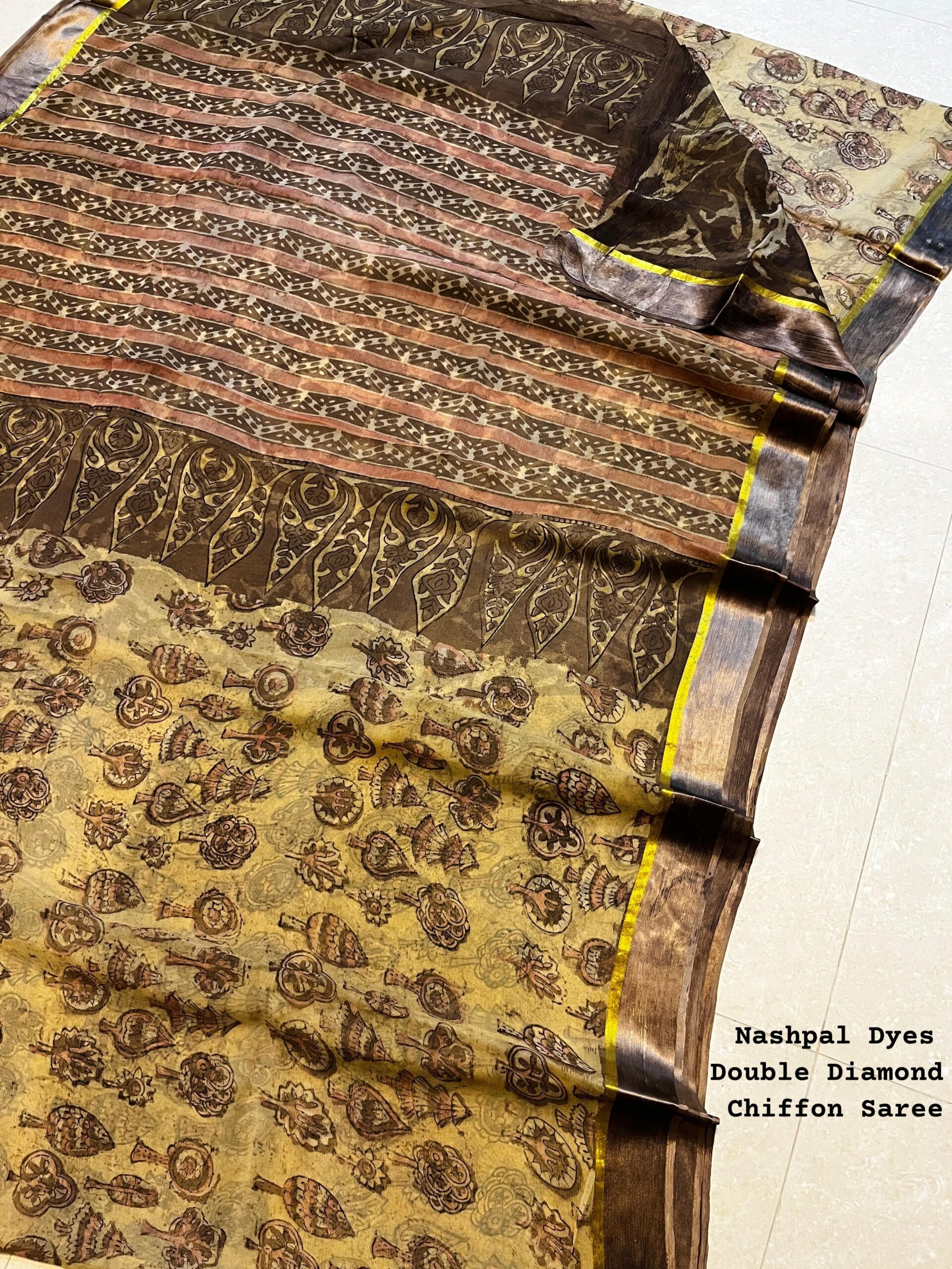 Indian Yellow Chiffon Saree Nashpal Dye - Bagru Made