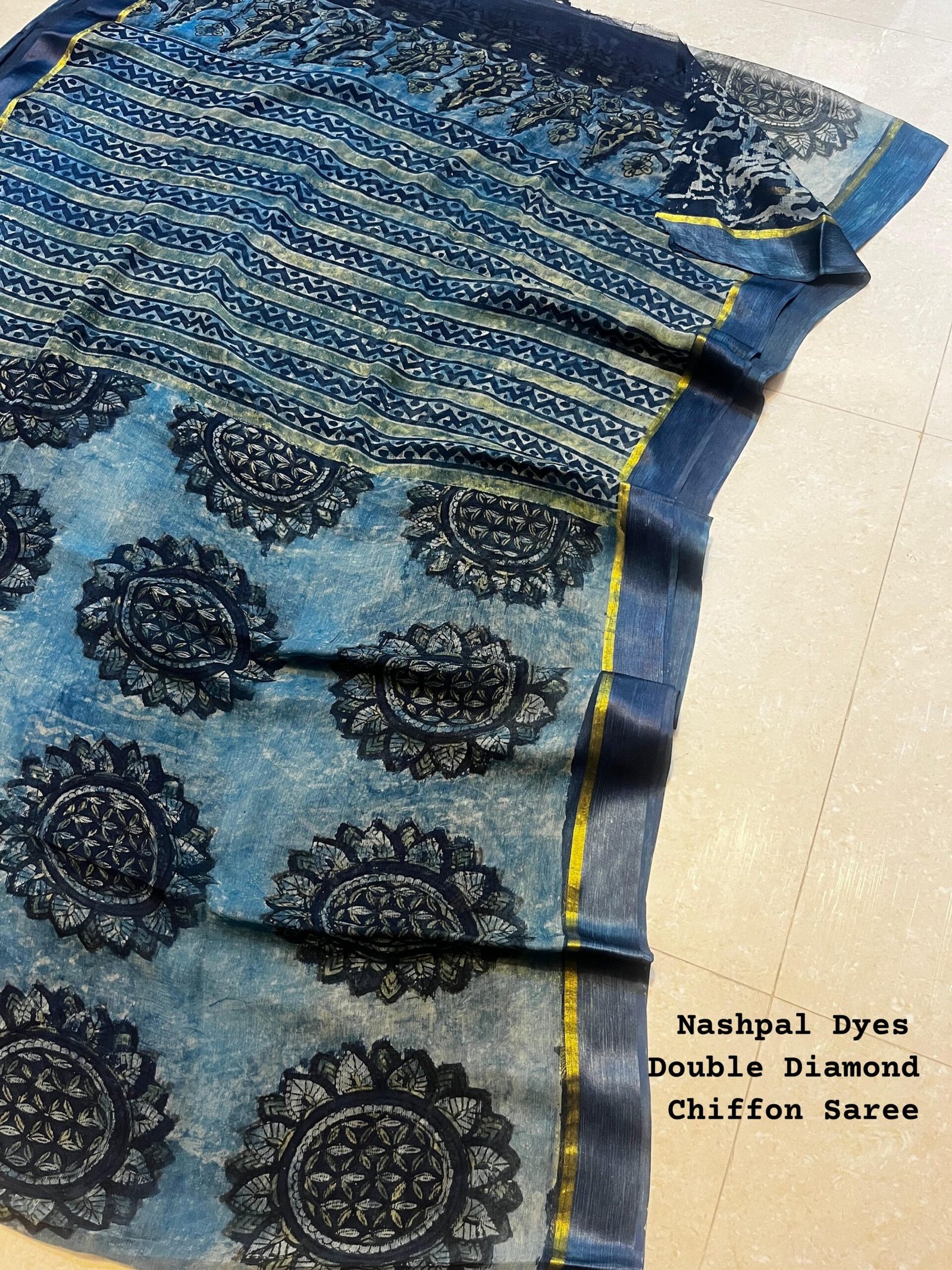 Marble Blue Chiffon Saree pomegranate Nashpal Dyed