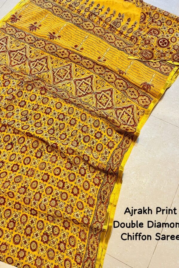 Ajrakh Double Diamond Chiffon Saree – Hand Block Print