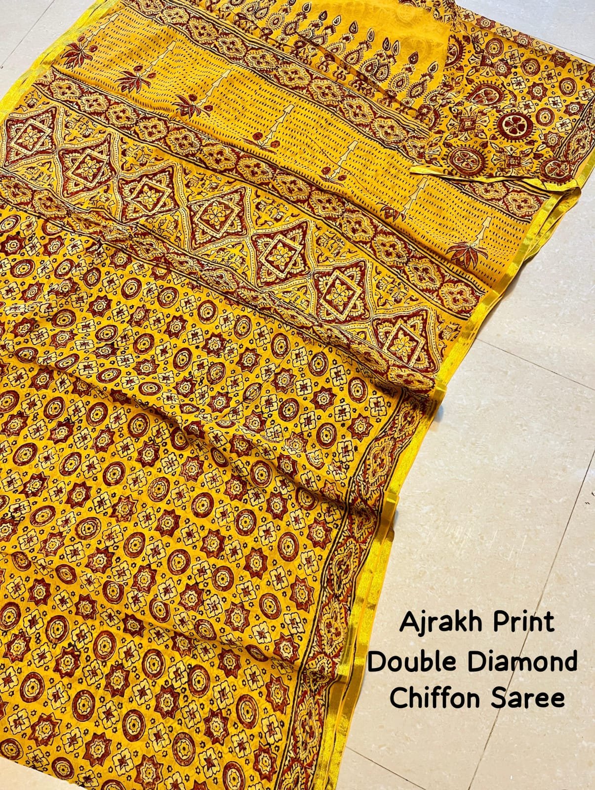 Ajrakh Double Diamond Chiffon Saree – Hand Block Print