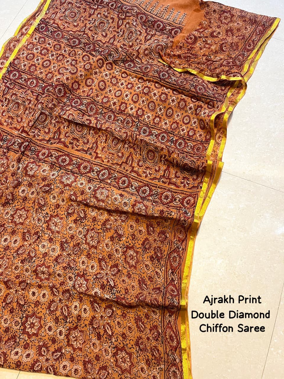 Ajrakh Chiffon Saree – Double Diamond Motif