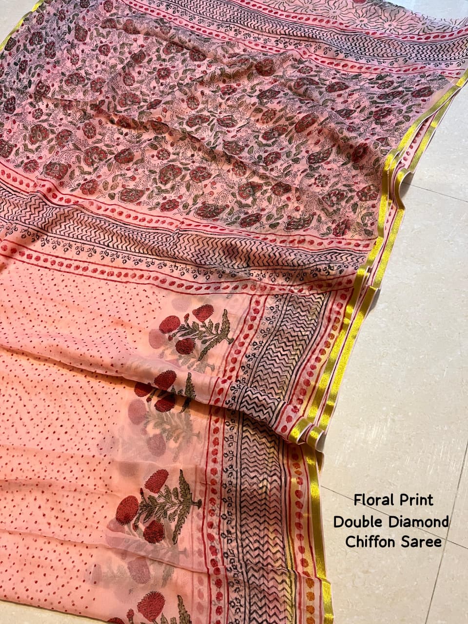 Rose Bud Chiffon Saree - Bagru Hand Print