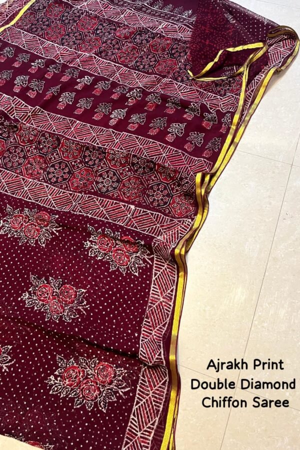 Maroon Oak Chiffon Saree – Ajrakh Style