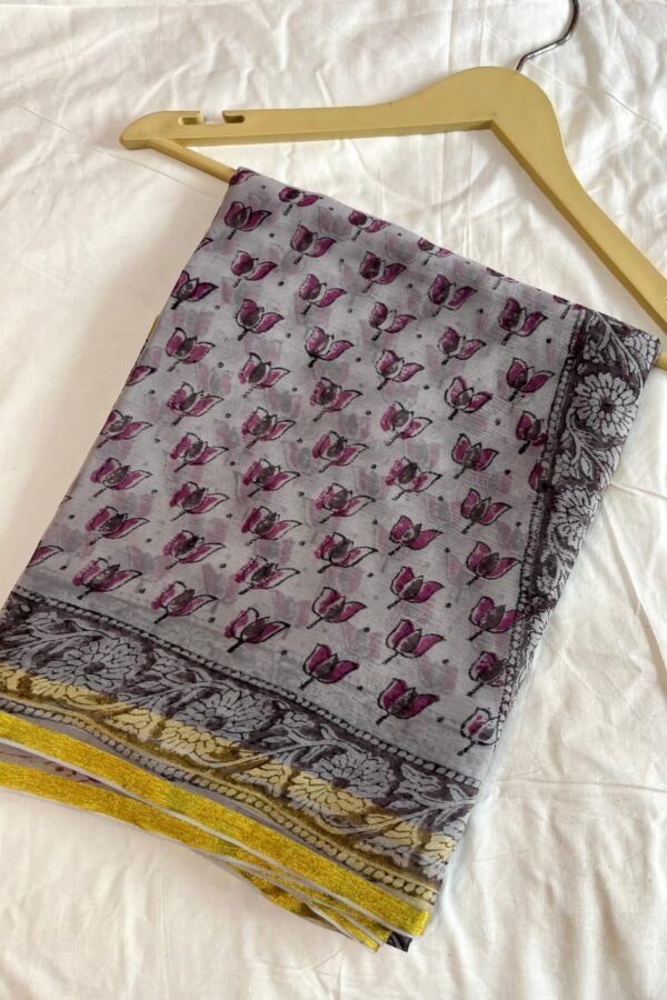 Dusty Grey Bagru Hand Block Printed Chiffon Saree