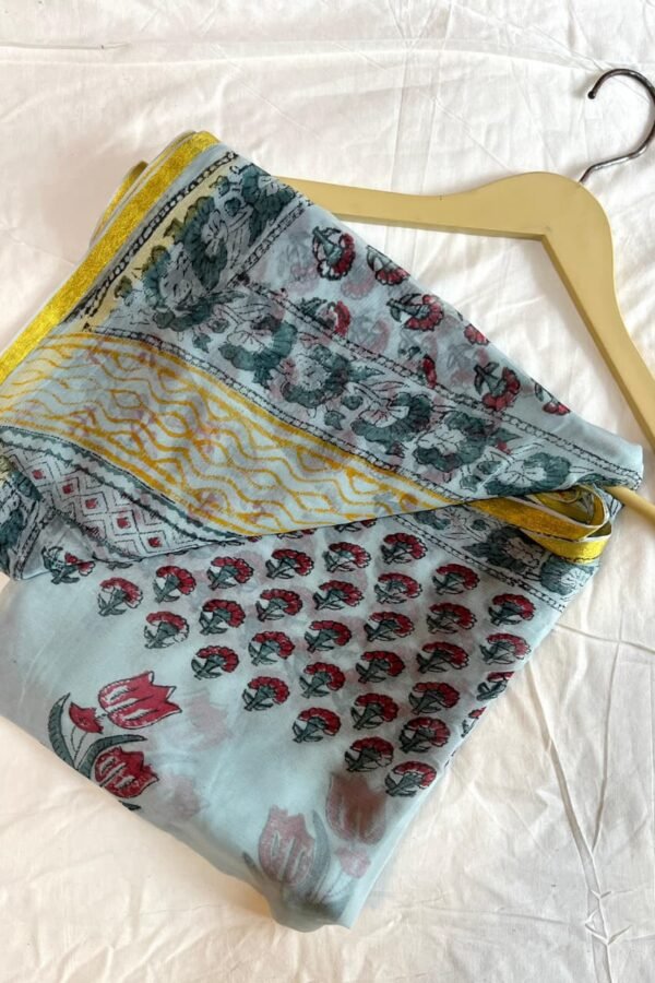 Ash Grey Hand Block Print Chiffon Saree – Bagru
